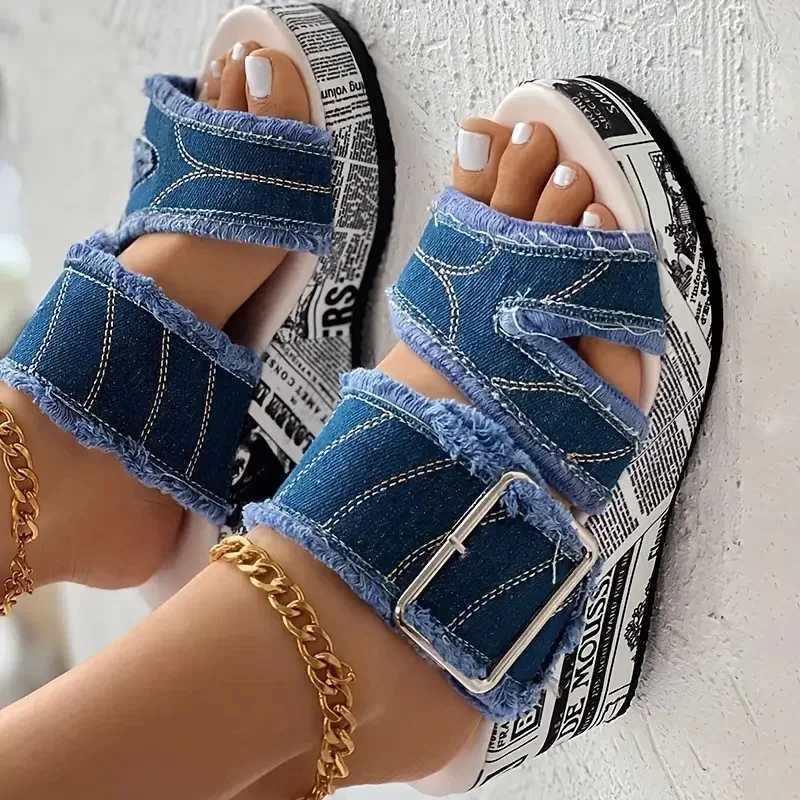 Women Denim Platform Slippers Women Casual Fashion Slippers Outdoor Wedge Sandals High Heels Shoes Summer Big Size Slides Women W250704
