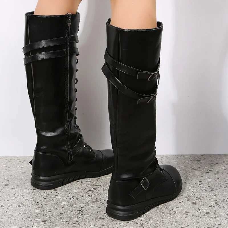 Winter Boots for Women 2023 Combat Cowboy Knee High Long Leather Platform Shoes Black Gothic New Rock Punk Solid Womens Boots Z250704