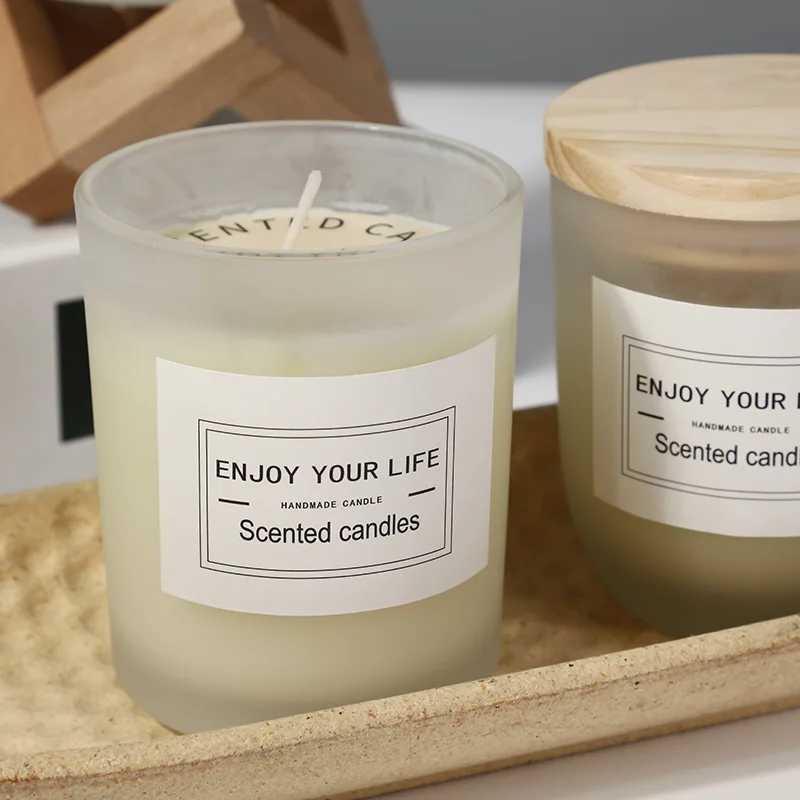 7x 8.4cm Wooden Lid Frosted Glass Jar Candle Soy Wax Aromatherapy Candle Wedding Smokeless Bamboo Lemon Rose Fragrance Gift W250704