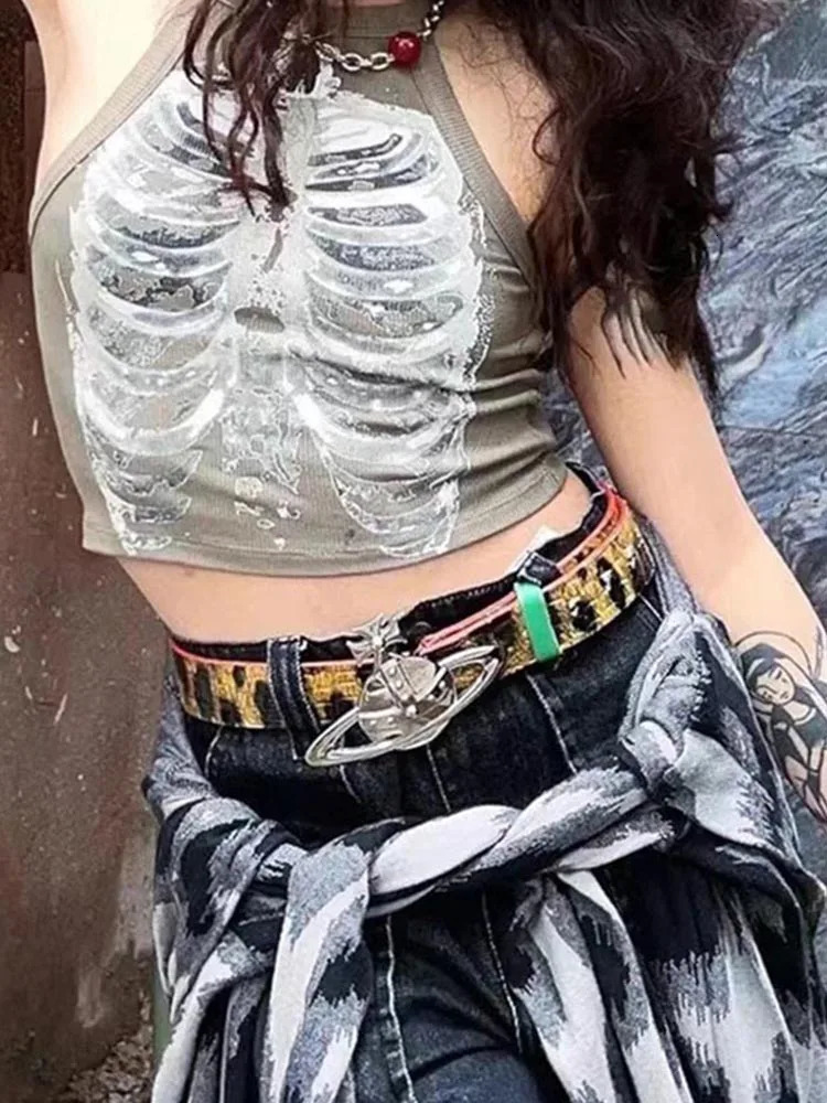 Punk Aesthetic Cyber Retro X-ray Skeleton Print Rib Sleeveless Vest ArmyGreen Crop Top Clothes Women Summer Emo 250704