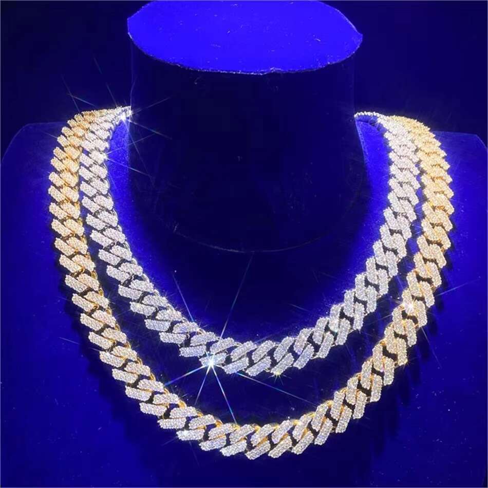 High Quality Rapper Iced Out Vvs Moissanite Diamond 2 Rows 925 Sterling Silver Miami Cuban Chain Gold Plated Necklace