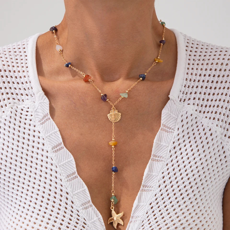 Ingemark Fashion Colourful Stone Starfish Conch Pendant Necklace Women Bohemia Long Tassel Chain Summer Beach Y2K Party Jewelry 250701