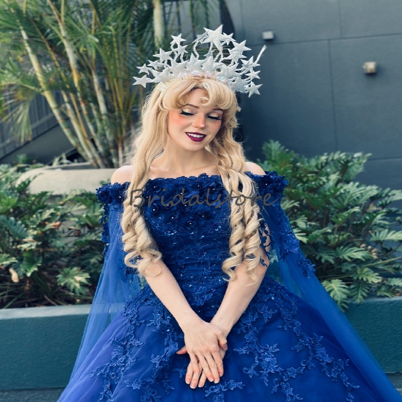 Elegant Blue Flowers Quinceanera Dress 2025 Cap Sleeve Lace Cinderalle Birthday Dress Sweet 16 Party Debutante Xv 15 Anos Vestio De Fiesta Princess
