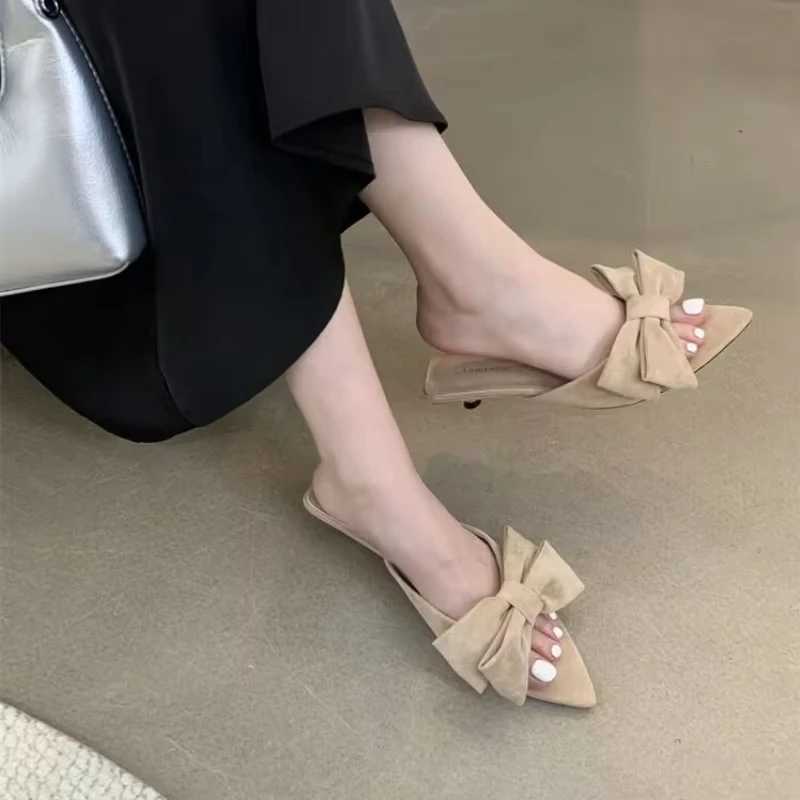 Low-heeled pointed fairy-style sandals apricot womens 2025 new summer bow French temperament sandals large size womens shoes W250704