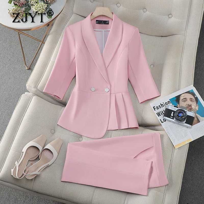 ZJYT Fashion Spring Ladies Pant Suit Women Office Formal Thr Quarter Slve Blazer Trousers Set Two Piece Outfit Plus Size X250704