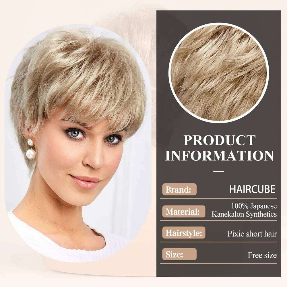 Short Pixie Cut Ash for Women with Bangs Blonde Natural Layered Blend Hair Kanekalon Human Hairs Like Texture Wigs