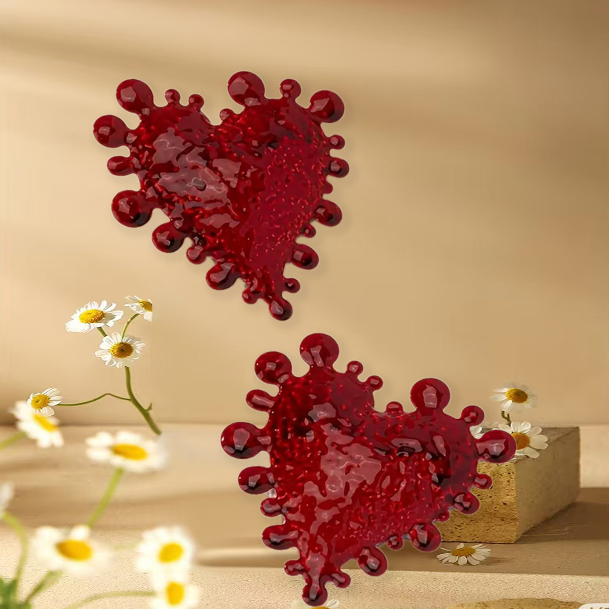 Niche Design Red Heart Earrings Ring Bracelet Light Exquisite Jewelry Set