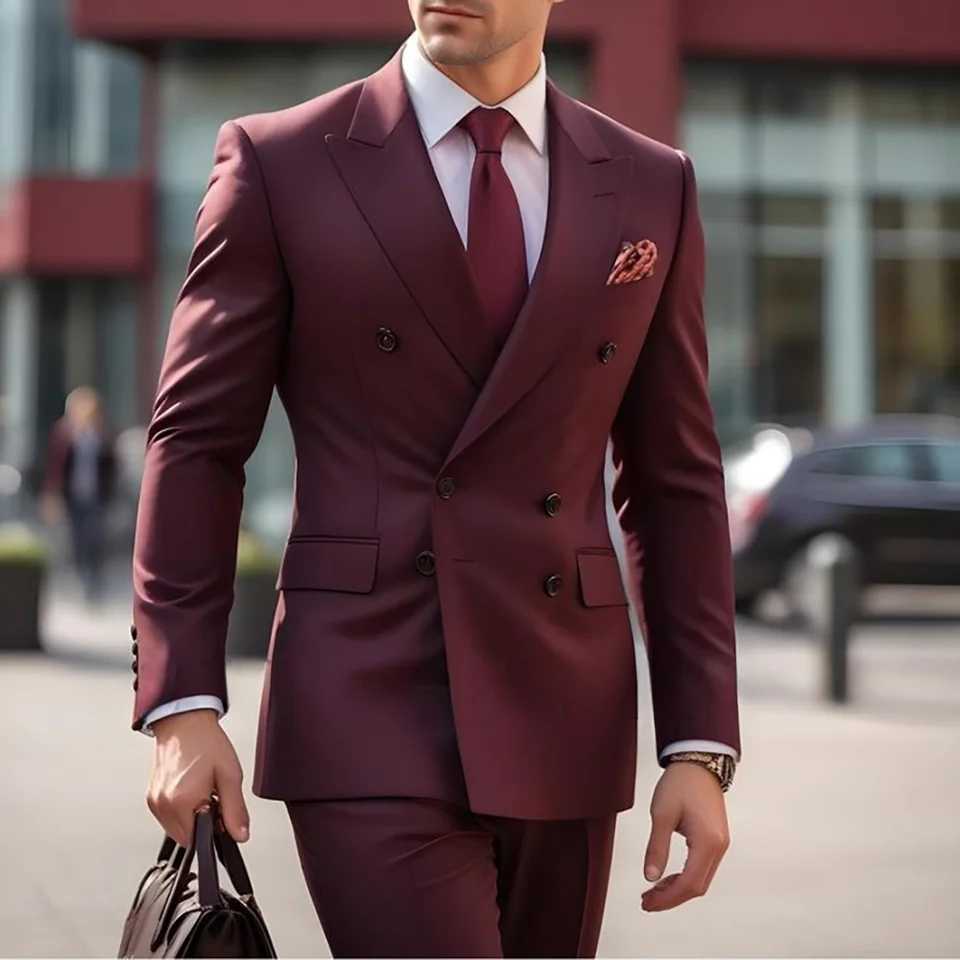 Luxury Burgundy Double Breasted Men Suit Two Pieces (Jacket+Pants) Lapel Outfits Chic Casual Party Prom Wedding Set X250704