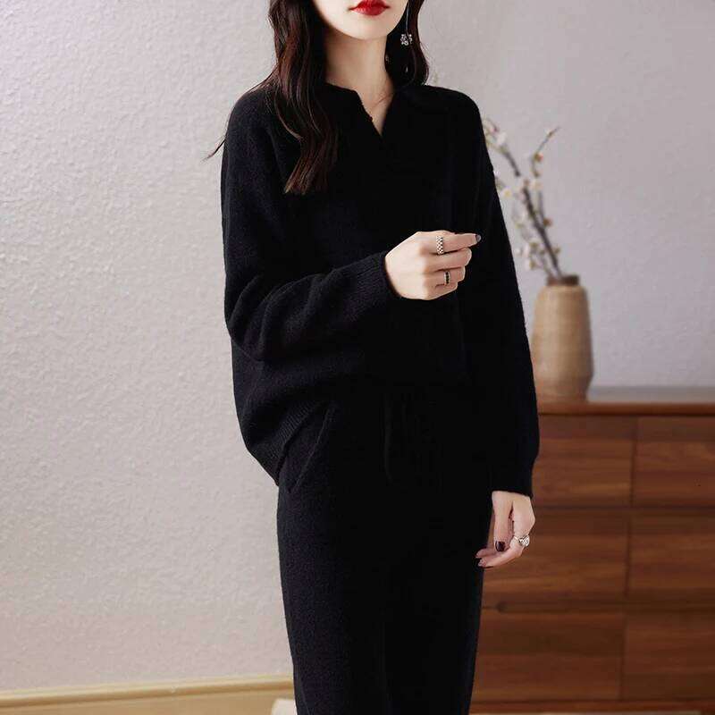 100% Pure Wool Knitted Suit Women's 24 Autumn Winter New Fashion POLO Collar Pullover Sweater Commuting Calf Pants Two-Piece Set 250704