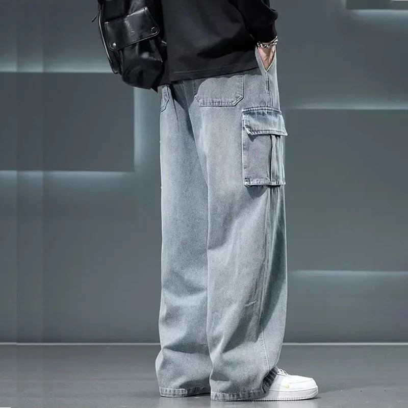 8XL Jeans Wide Leg Washing Pants Men Trousers Neutral Solid Color Loose Casual Korean Fashion Pocket Plus Size Cargo Pants 250704