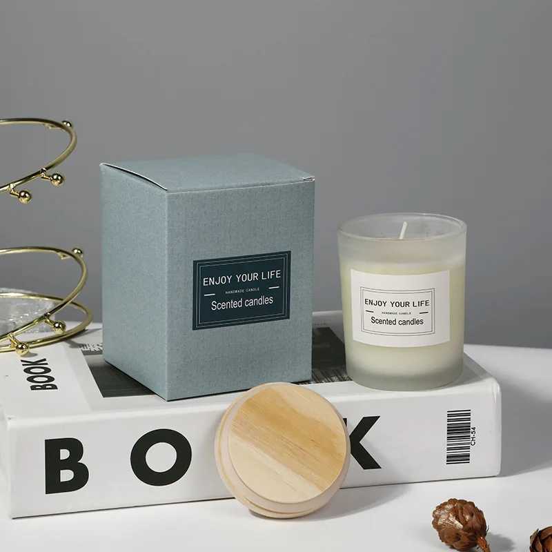 7x 8.4cm Wooden Lid Frosted Glass Jar Candle Soy Wax Aromatherapy Candle Wedding Smokeless Bamboo Lemon Rose Fragrance Gift W250704