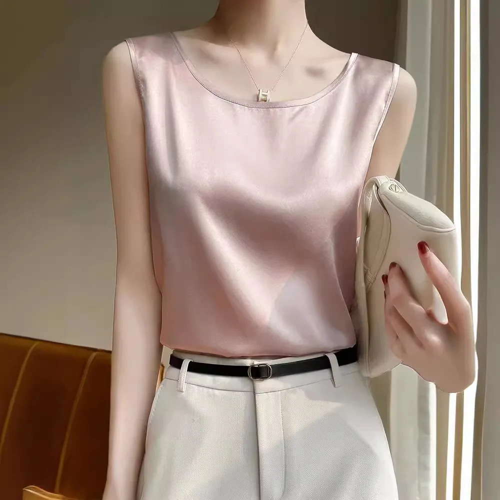 Round Collar Acetate Satin Top Women Silk Tank Woman Sleeveless Shirt Bottom Tops Luxry 250704