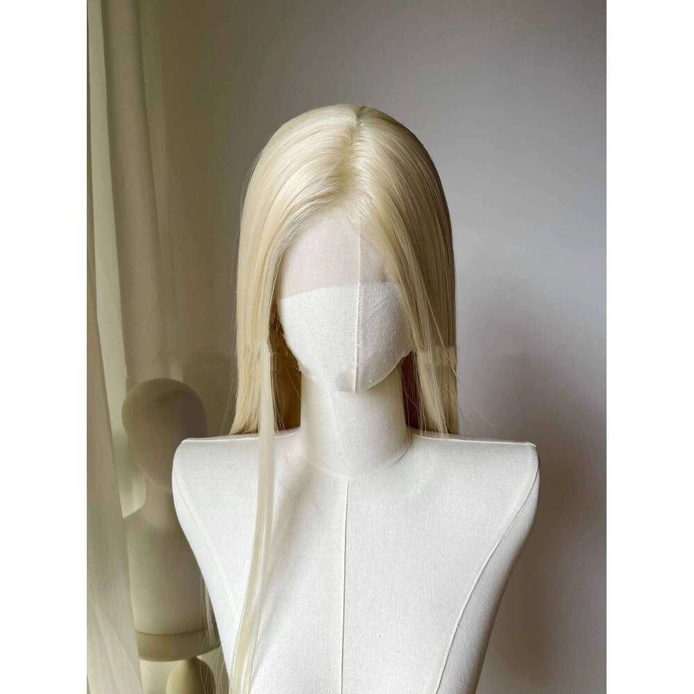 Light Gold 13 * 4 Hand Hook Front Lace Headset, High Temperature Spinning, Long Straight Simulation Hair Wig