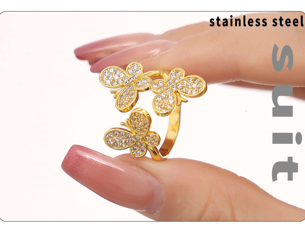 DHcollections 18K Gold Plated Butterfly Ring - Open Adjustable CZ Flower Ring for Women | Dainty Bohemian Stackable Jewelry (Size 7)