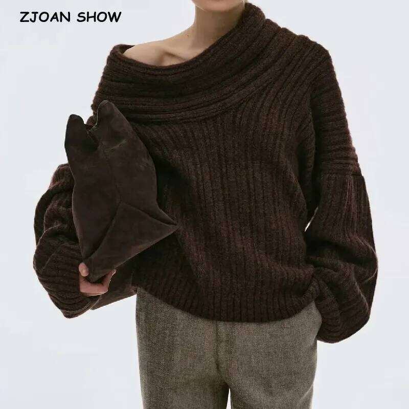 Winter Coffee Rib Knitting Ruched Slash Shoulder Pullover Sweater Women Full Sleeve Loose Thick Knitwear Oversized Jumper Beige 250704