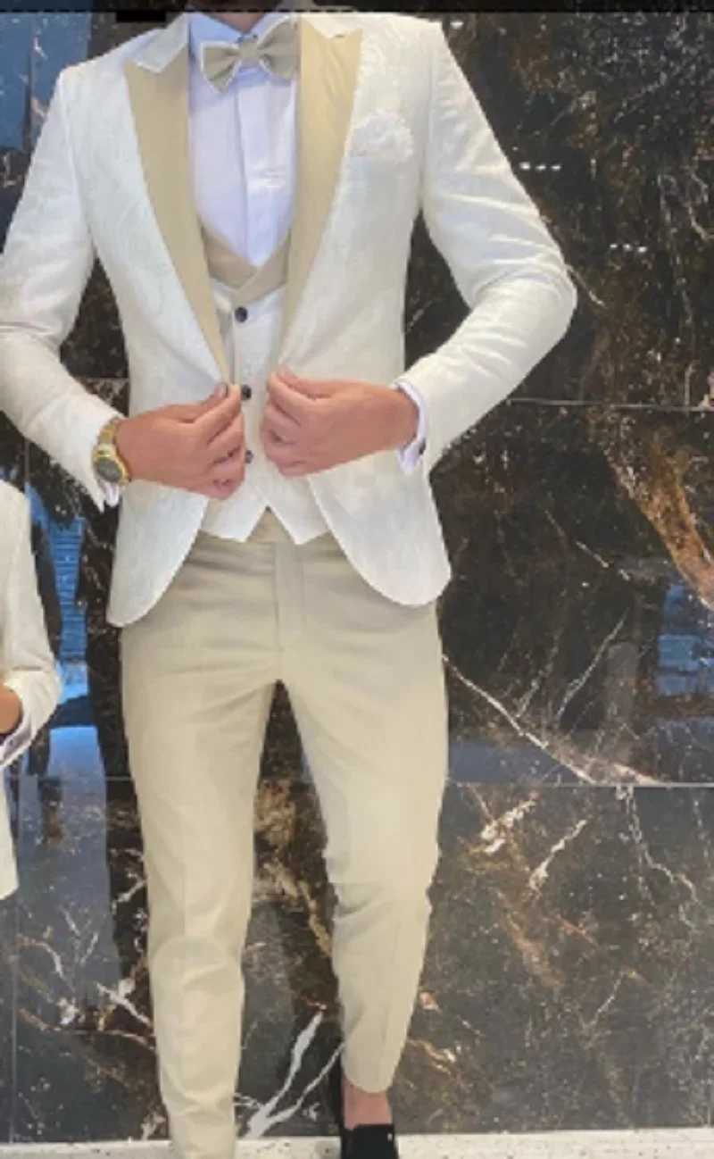 Wedding Suits Groom White Floral Tuxedo Slim Fit Men Prom Suit Full Gentleman Costume 3 Pieces (Jacket+Vest+Pants) X250704
