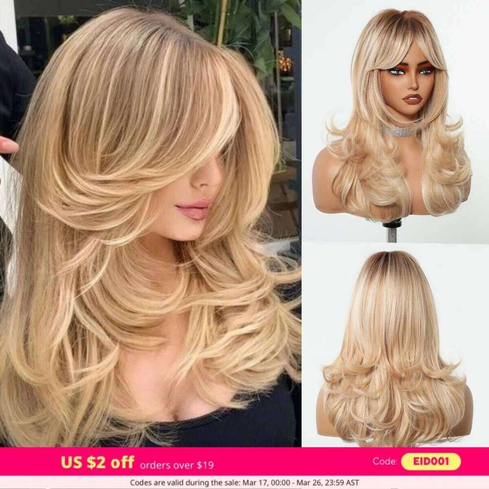 Golden Blonde Mixed Synthetic Wig Dark Root Wavy Hair With Side Bangs for Women Daily Party Cosplay wig Heat Resistant Fiber