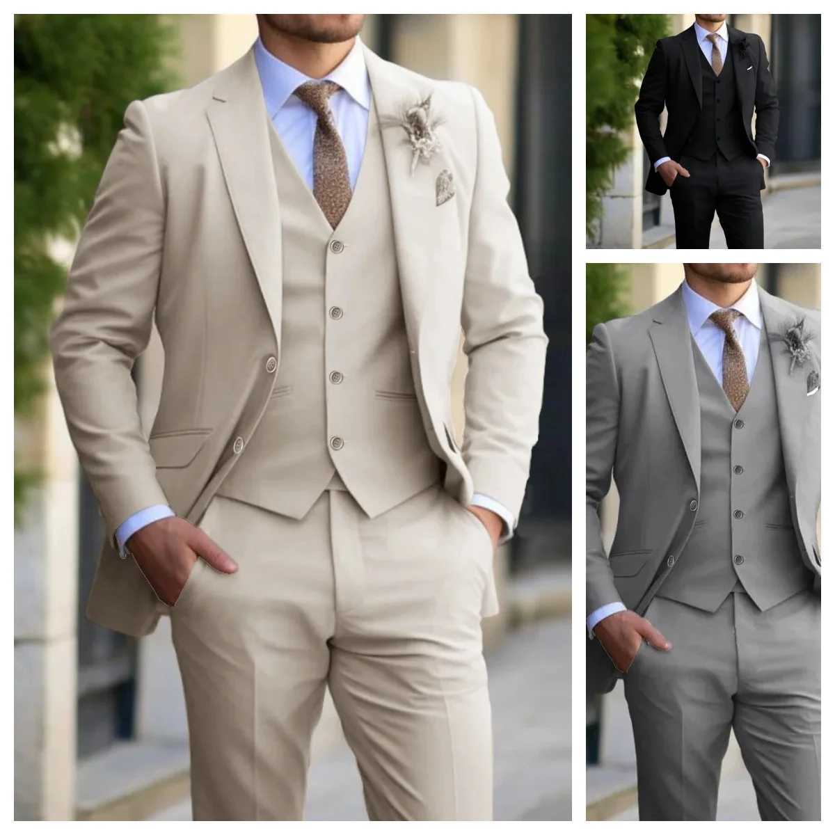Elegant Black Gray Suits For Men Slim Fashion Design Groom Wedding Blazer Vest Pants Boyfriend Wear Party Prom Suits Custom Made X250704