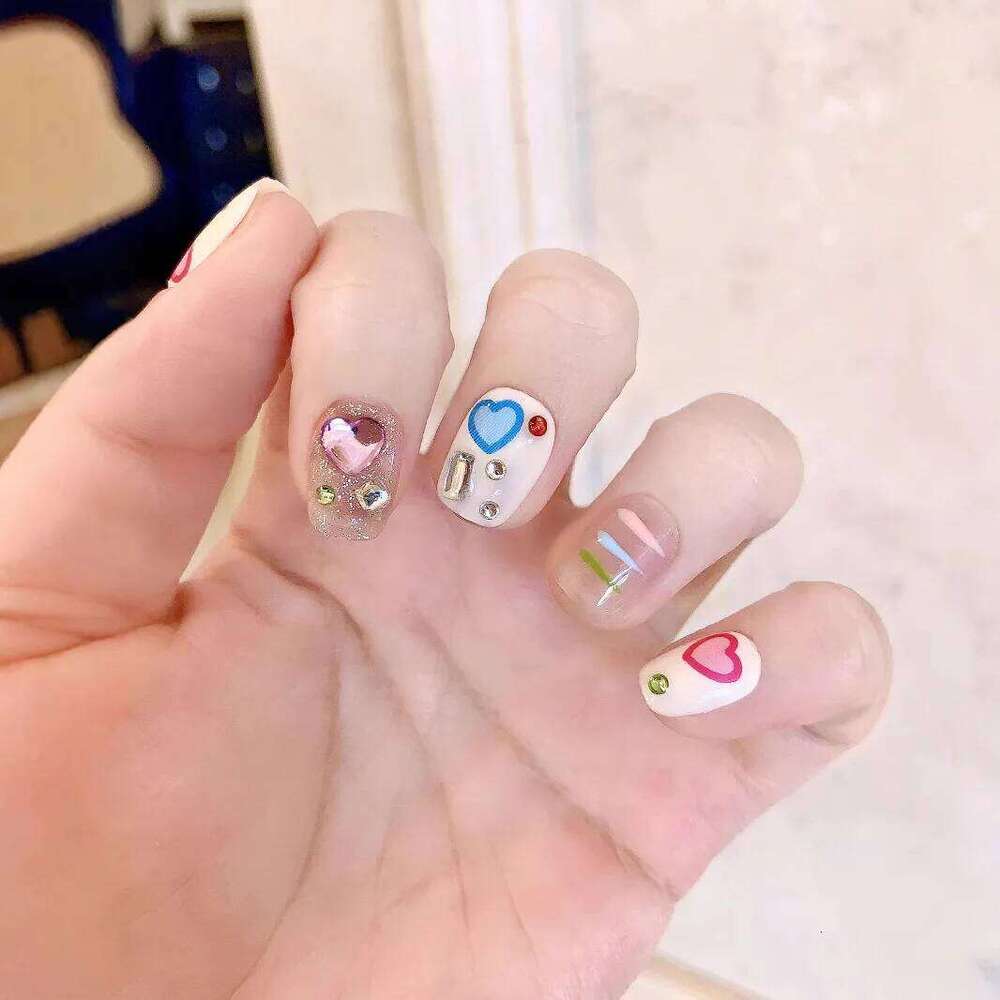 10pcs Handmade Glitter Short Square False Nails with 3D Rhinestone Design Nail Art Set for Party Dance Wear X250704