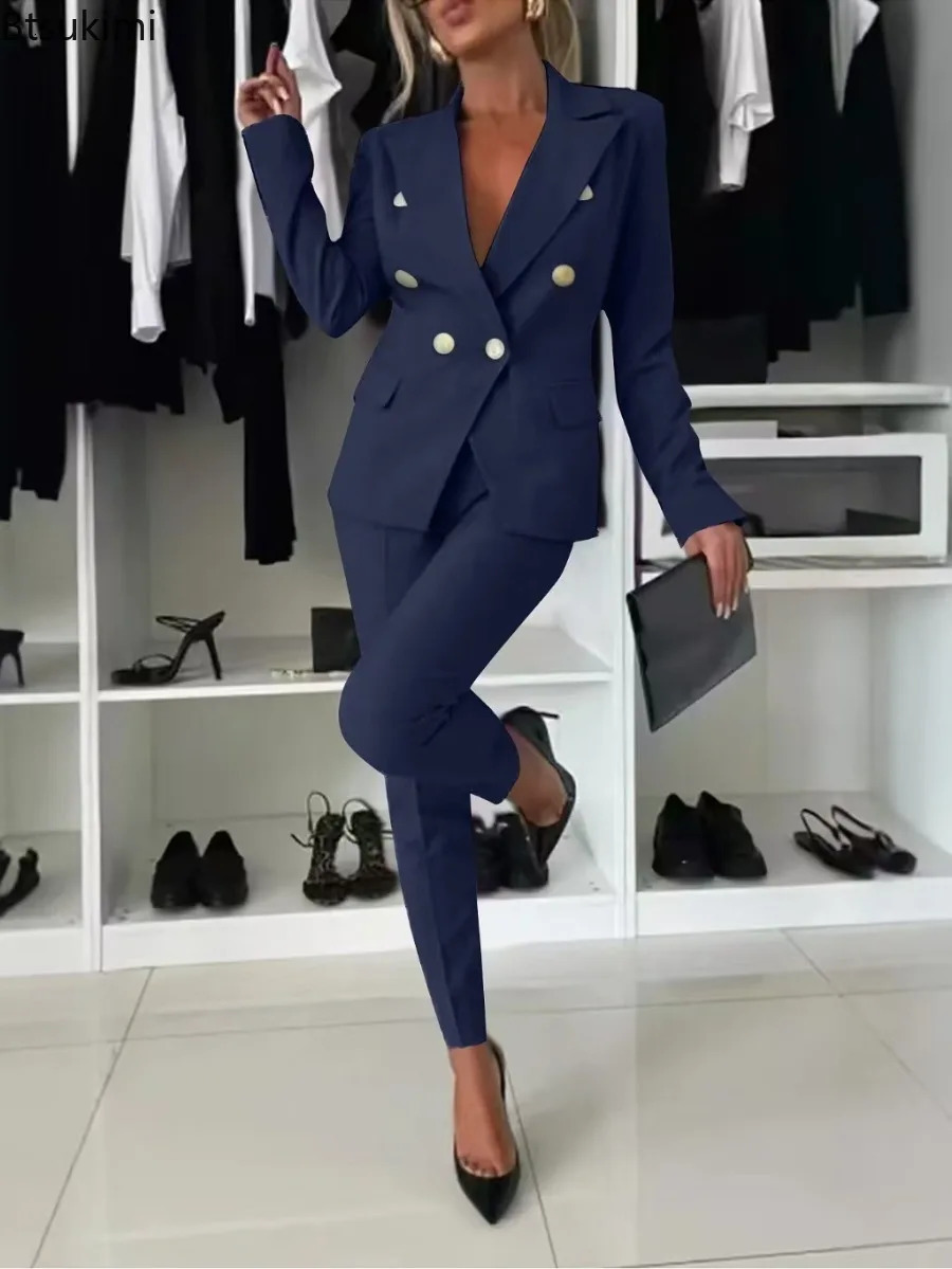 Womens Lapel Button Coat Jacket Pencil Pants Suit Sets Elegant Business Office 2PCS Set Female Slim Blazer Outfits Sets 250703