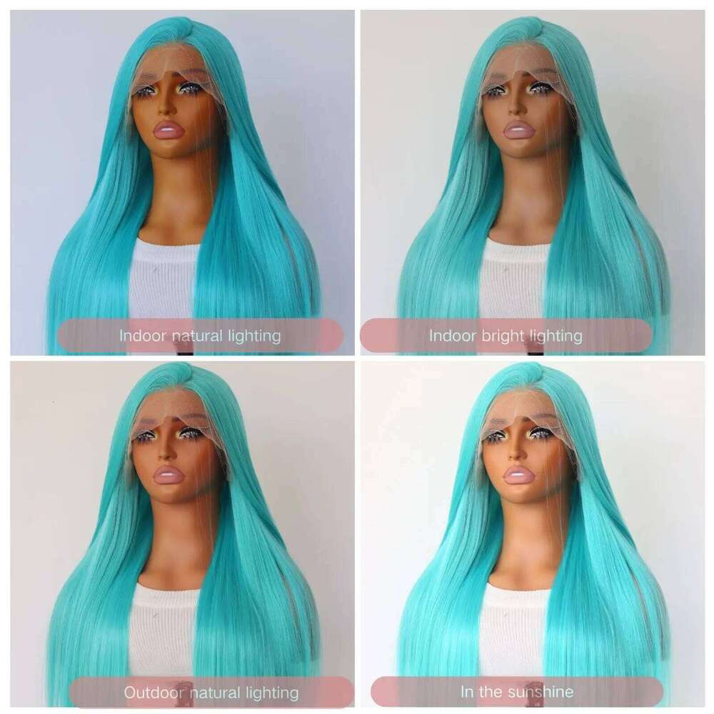 Blue Color Synthetic Wigs for Fashion Women 24 Inch Long Silky Straight Hair Mint Green Wig 13x4 HD Lace Front W