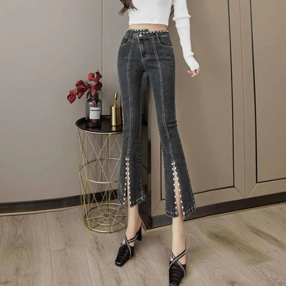 High Waist Denim Pants Women Spring Autumn Fashion Trumpet Trousers Female Slim Stretch Split Beaded Pearls Jeans Woman 250704