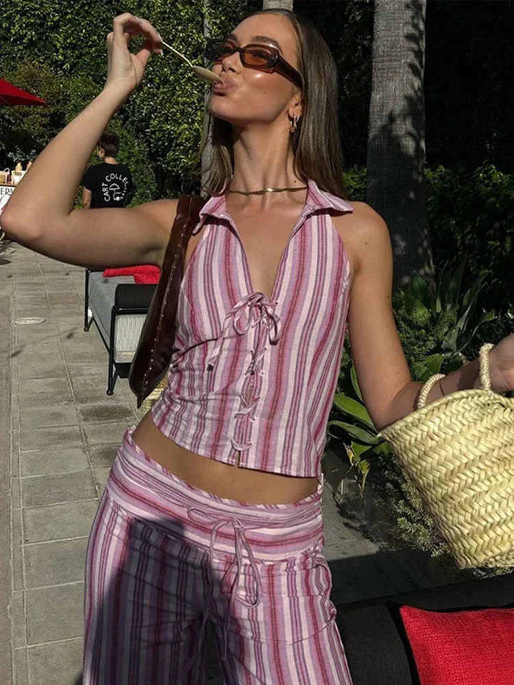 Fashion Straight Casual Womens Vest Pants Set Summer Sleeveless Backless Slim Lady Top Sets Striped Lace Up 250704