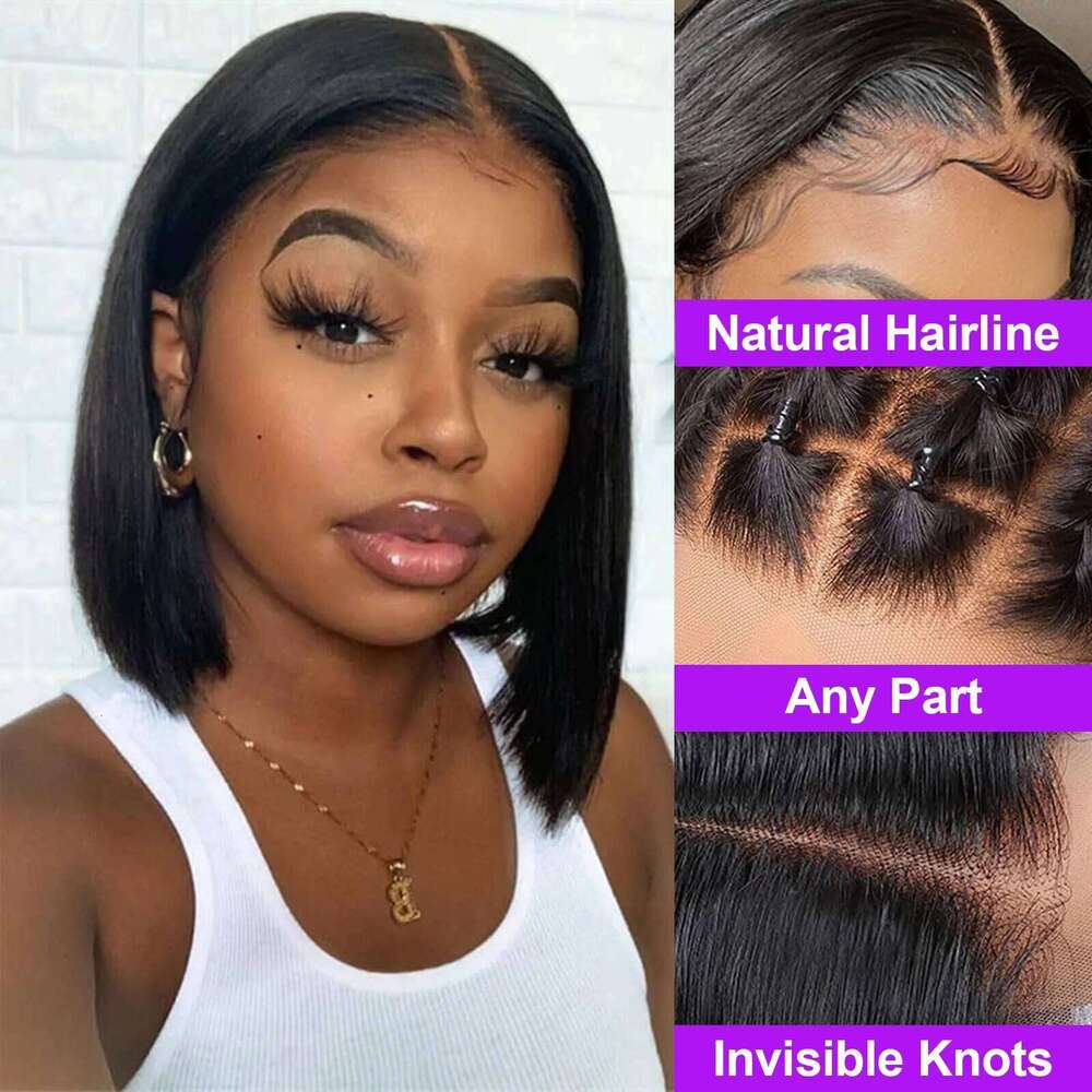 200% Density Straight 13x4 Lace Front Transparent Wigs 100% Human Hair Brazilian Short Bob Wig For Women