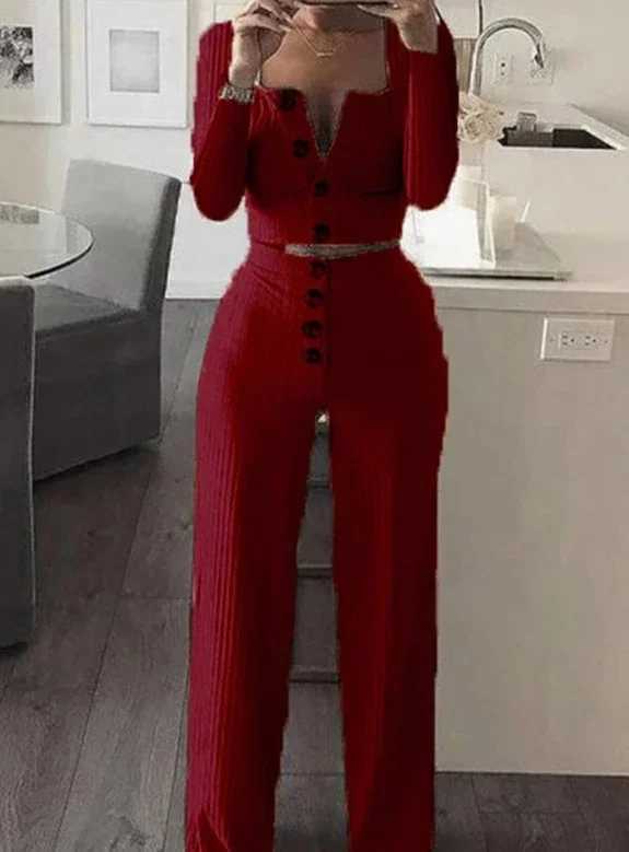 Two Piece Set Women Outfit 2023 Spring Fashion Square Neck Long Slve Casual Short Cardigan Top Buttoned Casual Pants Suit X250704