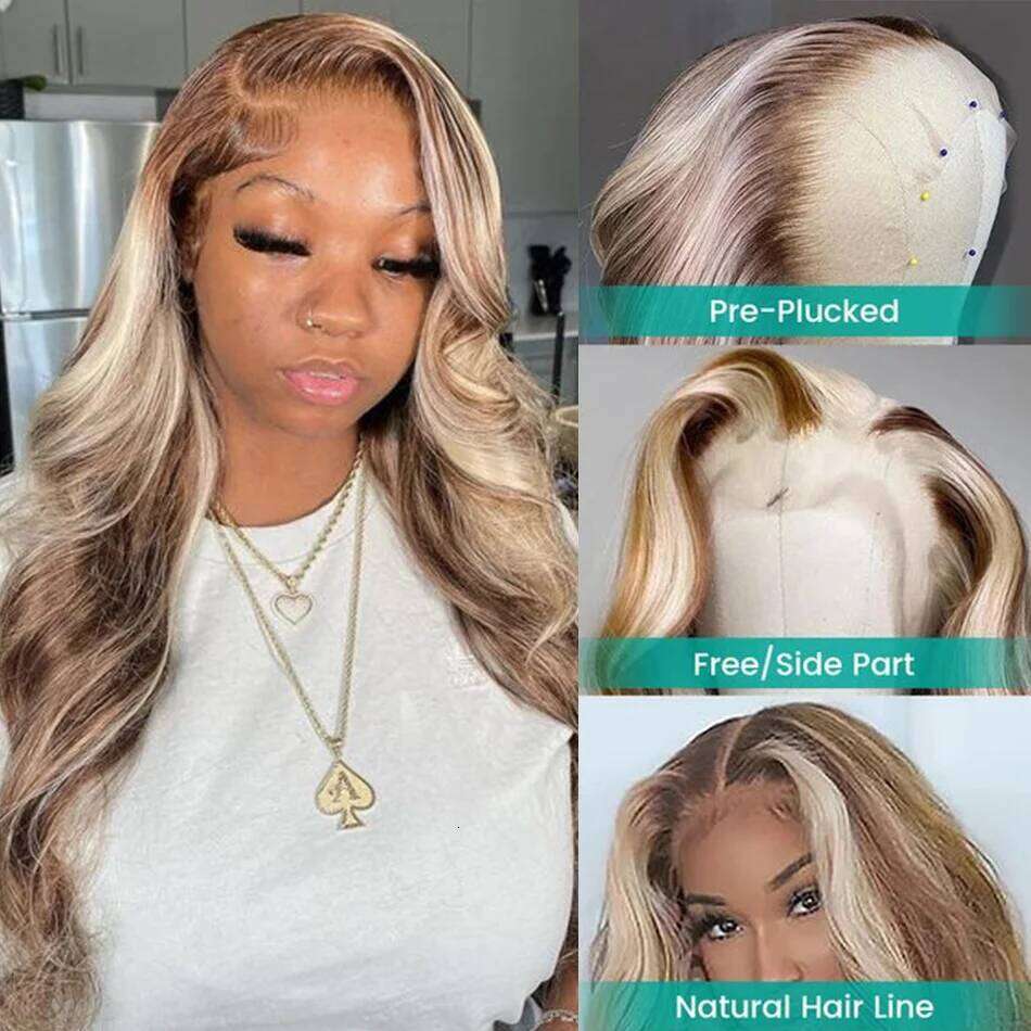4/613 Highlight Body Wave Front Blonde Colored Human Hair Wigs For Women Pre Plucked 13x4 Lace Frontal Wig