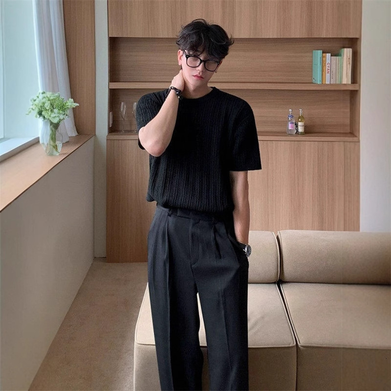 Knitted Short Sleeve T-shirt For Men, Summer Thin Korean Style Trendy Brand Designer Short Sleeves Casual Clothing, Popular Design Sense, Elegant Half