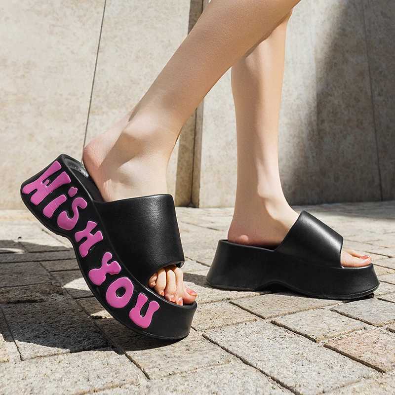 EVA Platform Slippers for Women Summer Letter Print Wedge Heel Sandals Women Fashion Thick Bottom Outdoor Non Slip Beach Slides W250704