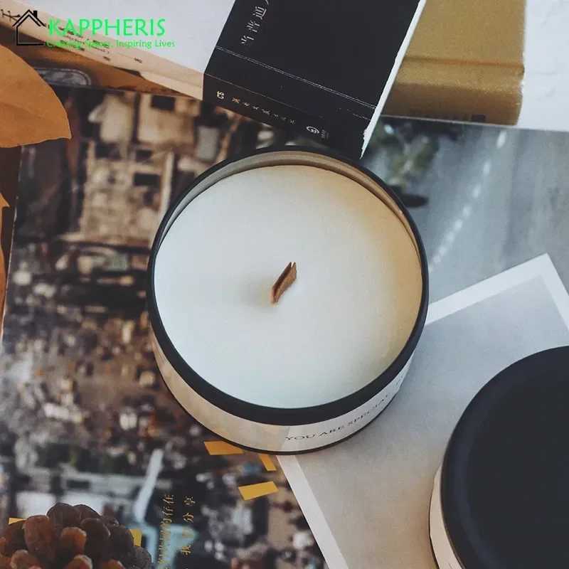 Black Tin Can Scented Aromatic Candles Wooden Wick Candle Jars With Lid Classic Home Decorative Candles Dried Flower W250704