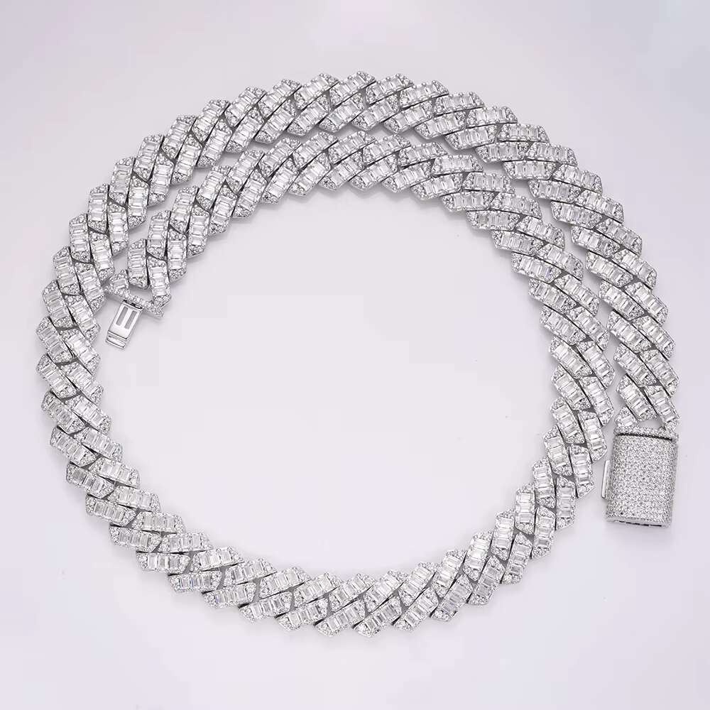 Hiphop New Arrival Hip Hop Jewelry 16mm Vvs Moissanite Diamond Baguette 925 Silver Cuban Chain Necklace