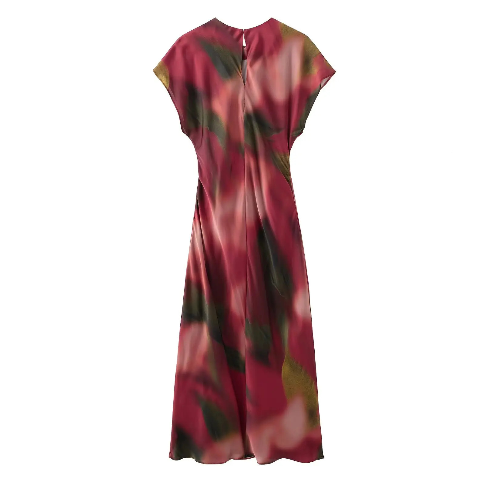 RARA Spring Womens Round Neck Waist Silk Satin Texture Printed Midi Dress Casual Loose Versatile Skirt 250704