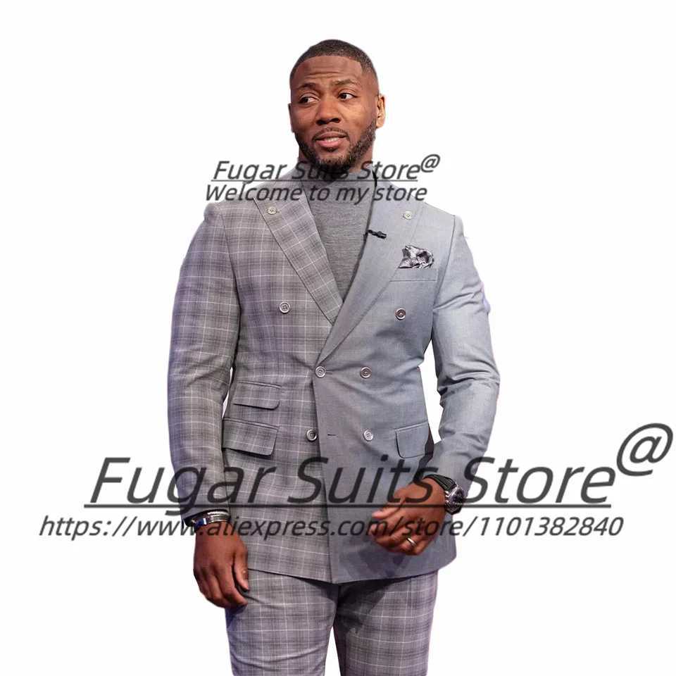 2 Pcs Business Gray Plaid Mens Prom Blazers Sets Men Suits Slim Fit Notched Lapel Mens Party Tuxedos Handsome Costume X250704