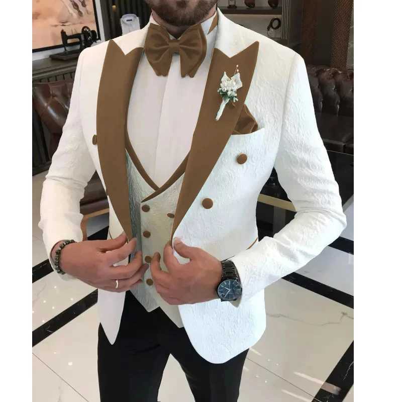 2024 Men Wedding Suits Formal White Jacquard Men Suit Set Slim Fit Groom Tuxedos Groomsman Blazer Suits For Men 3 Piece X250704