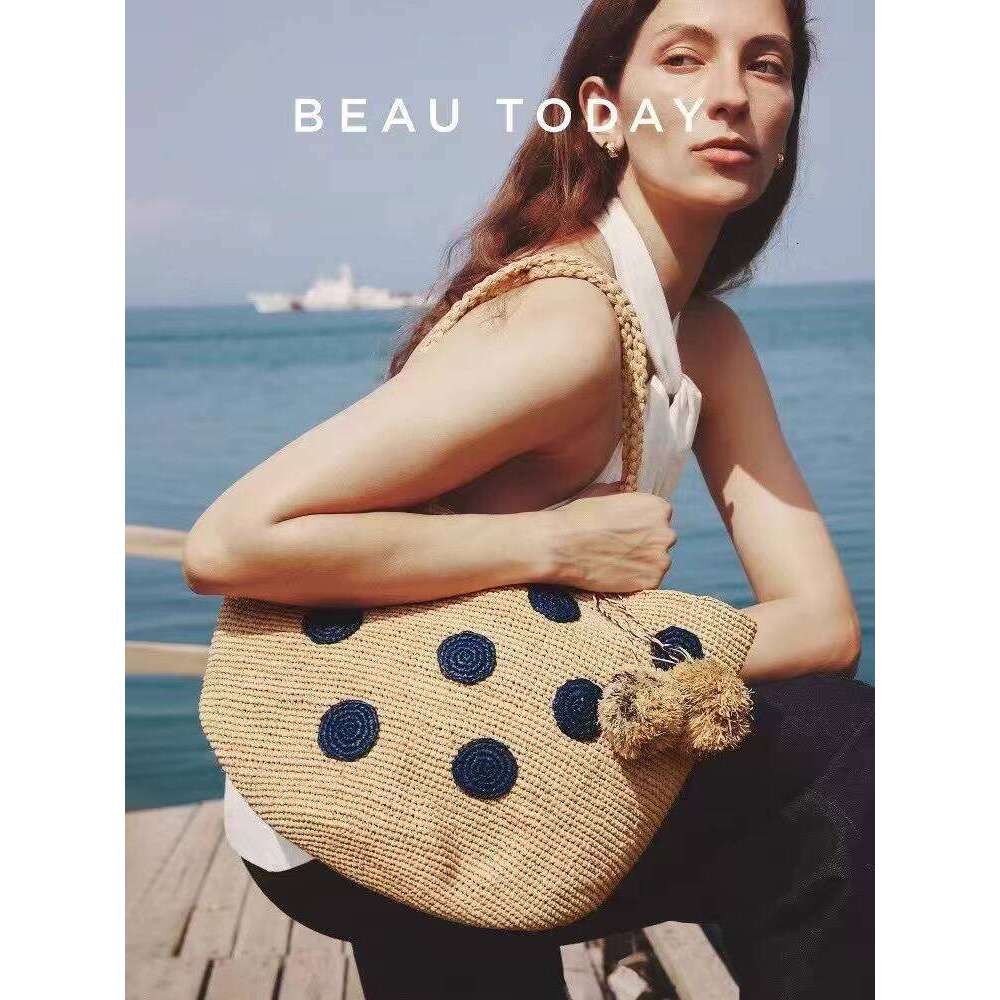Straw Beach Bag Beach Bags New Summer Raffia Woven Polka Dot Handmade Daily Sweet Versatile Travel Tote Shoulder Bag Beach Tote Bag