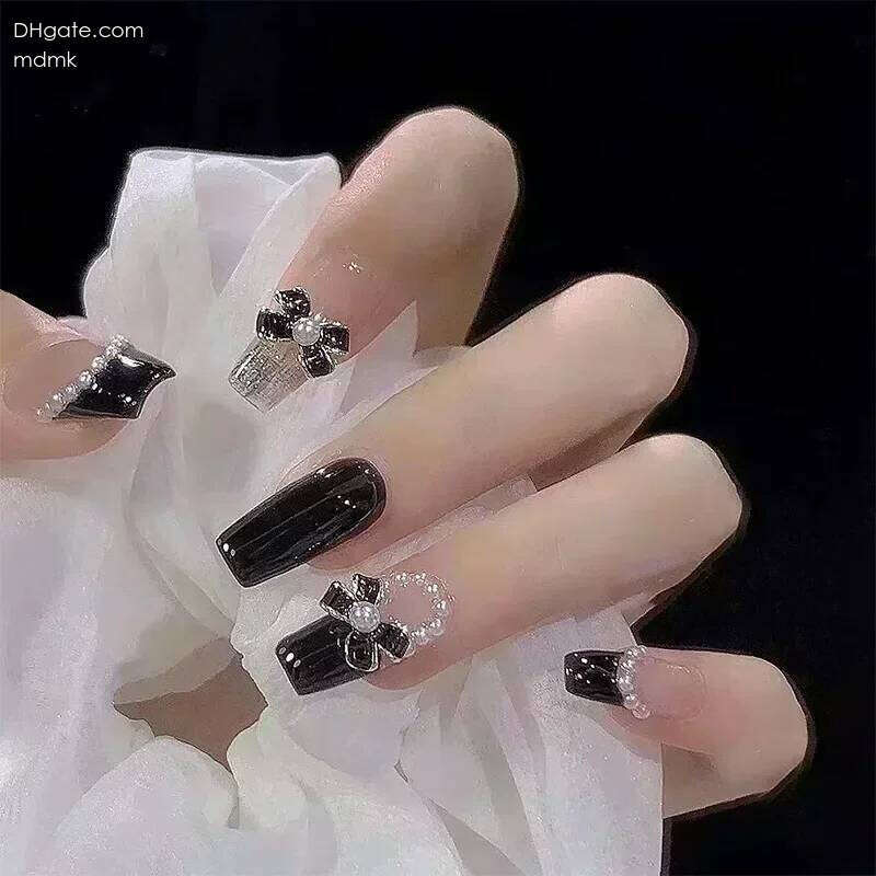 24Pcs Black Bow Detachable Fingernails Ballerina Wearable Fake Press on Square Head False Nails Full Cover Nail Tips X250704