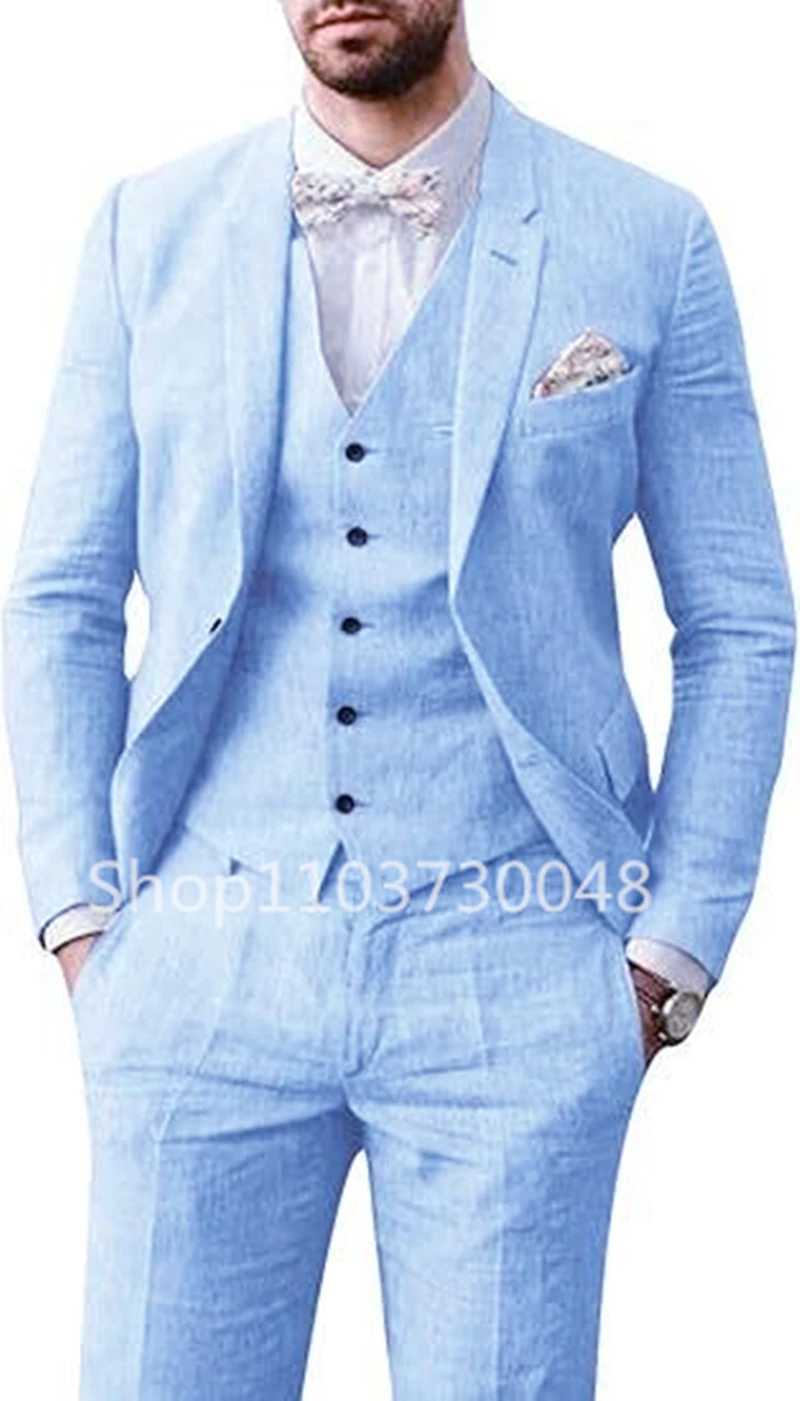 Elegant Beige/Blue Linen Men Suits Casual Single Breasted Slim Fit Blazer Vest Pants High Quality 3 Piece Summer Wedding Suits X250704