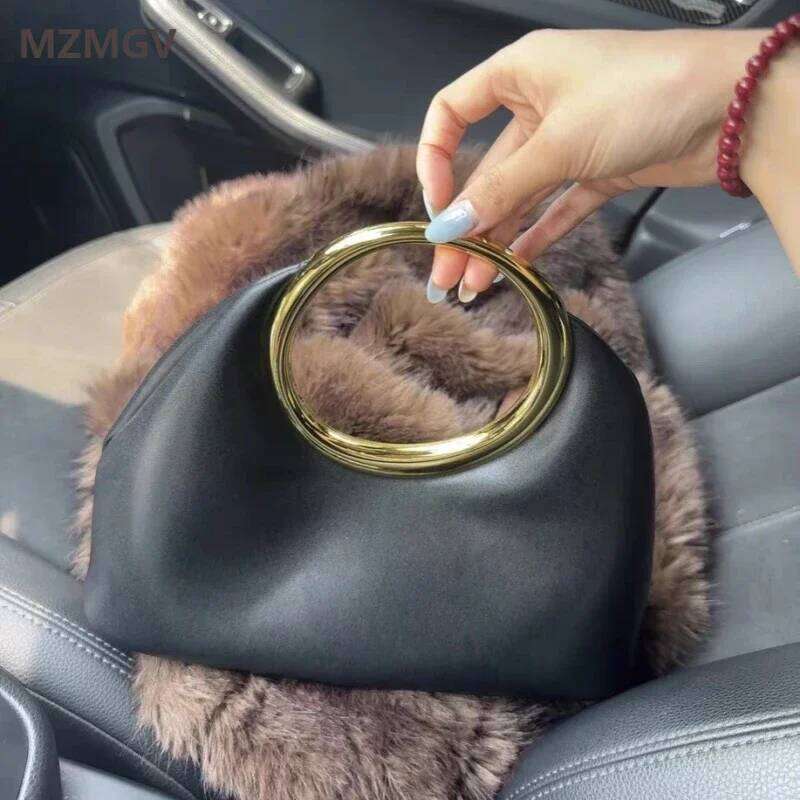 Luxurious designer's spring 2025 collection women's metal handle handbag, half-moon shaped bag in cloud-like design
