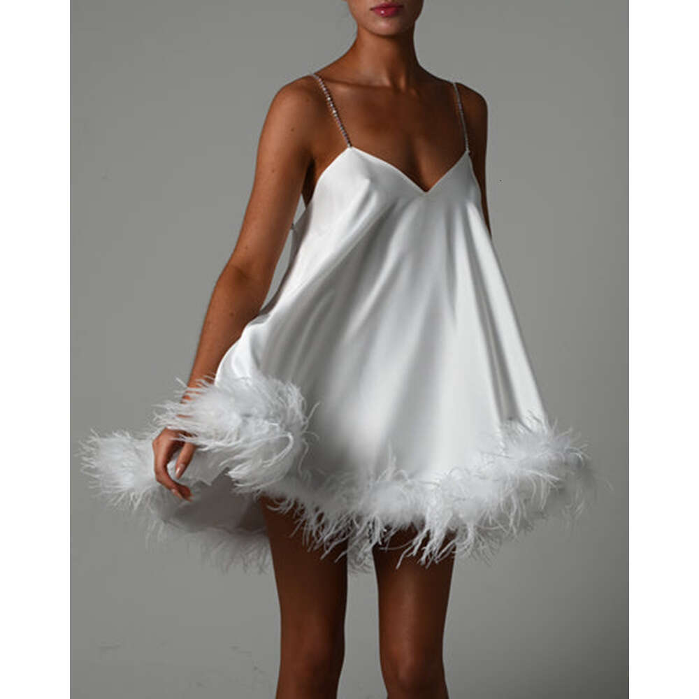 White Skirt Maxi Skirt Summer New Women S Fashion Hardware Chain Strap Backless Sexy Flared Ostrich Feather Dress Long Skirt