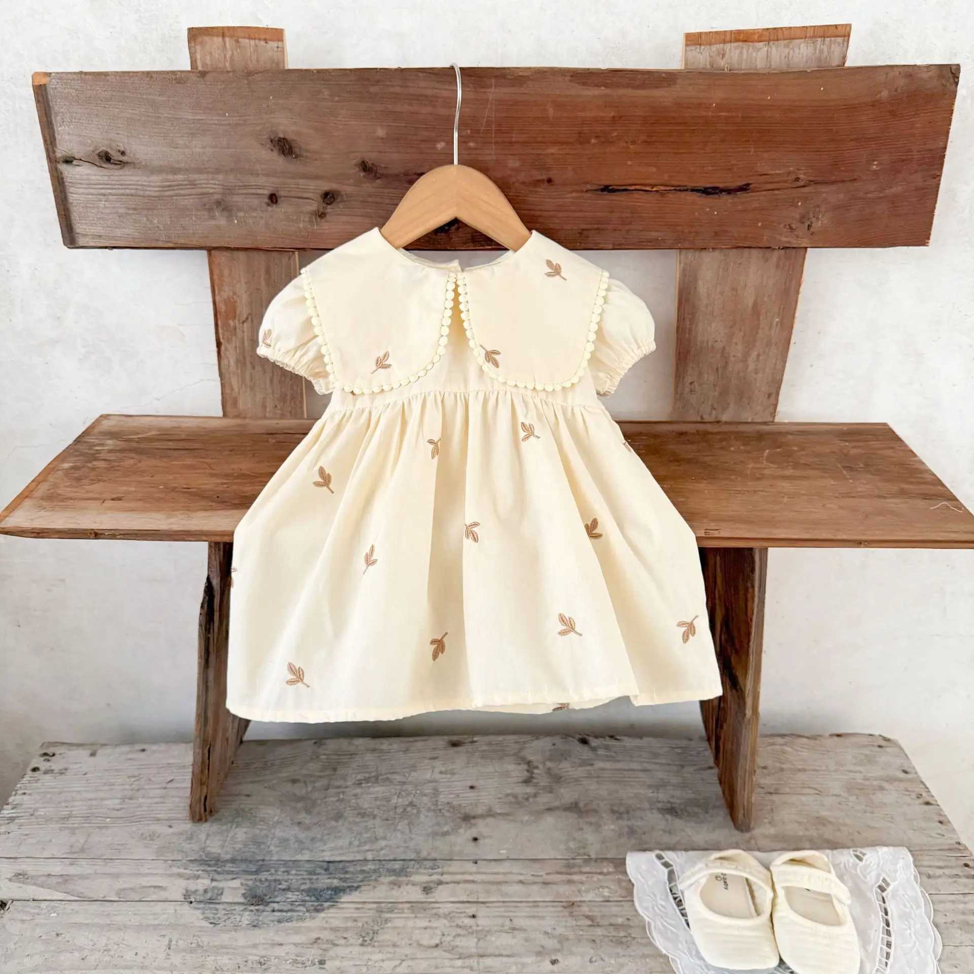 Ins Korean Version Girls Pure Cotton Embroidered Lapel Short Sleeve Dress Versatile Cute Dress for Children in Summer R250704