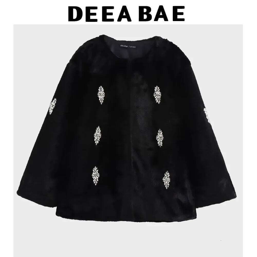 DEEABAE Winter Jacket Women's High-End Fashion Jewelry Inlaid Artificial Fur Long Sleeved Outerwear 250704