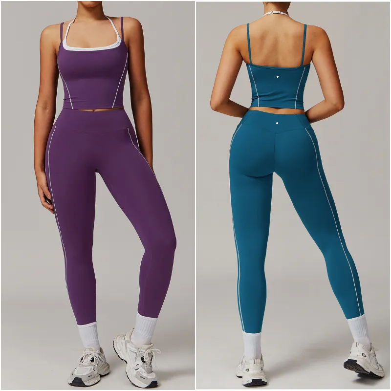 5009 Womens Yoga Set Two Piece Outfit Suits Pants Vest Exerciseousers Tops Sport Gym Elastic High Waist Sportwear Tracksuit