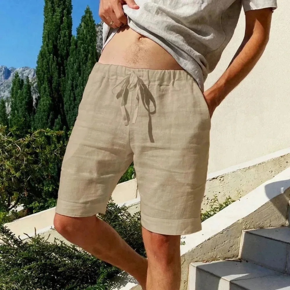 Summer Mens Cotton Linen Breathable Shorts Hawaii Beach Pants Male Solid Color Trousers Loose Versatile Streetwear 250704