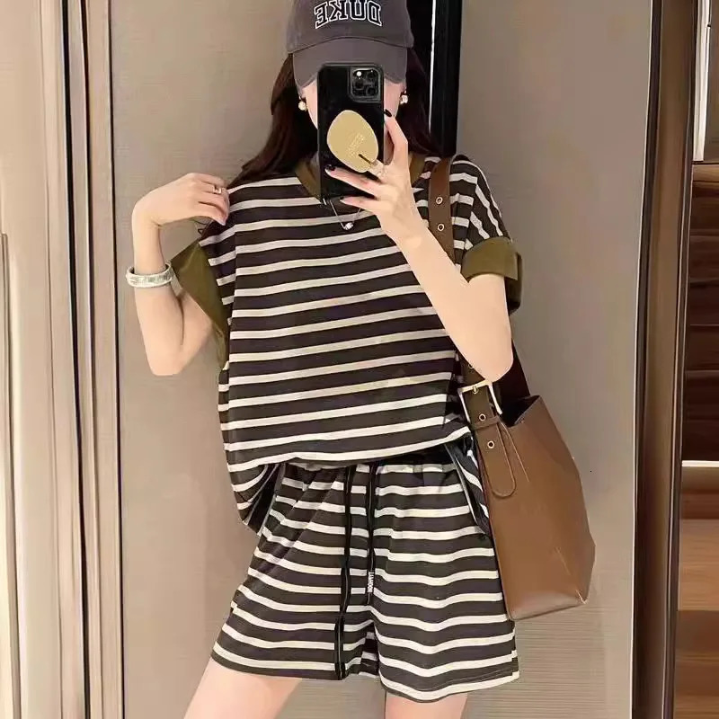Women Striped Clothing Sets Short Sleeve TshirtDrawstring Shorts Two Pieces Suits Summer Loose Tracksuit Ladies Casual Outfits 250704