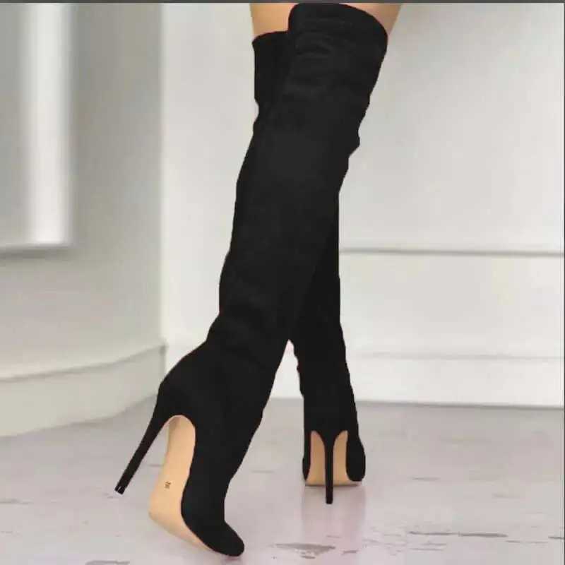 2025 Sexy High Heel Suede Pointy Boots Black Over The Knee Boots Z250704