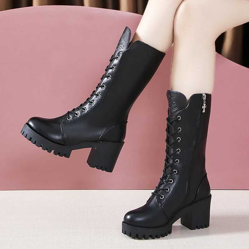 Winter New Thick-soled Increase Non-slip Lace-up Mid-calf Boots Round Head Square Heels with Fleece Warm Fashion Riding Boots Z250704