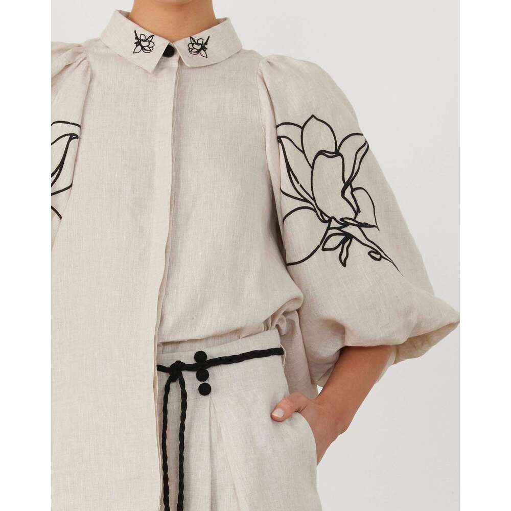 Fashion cotton linen printed wide leg pants set for Europe America spring summer 2025, with versatile temperament and trendy clothing in ins